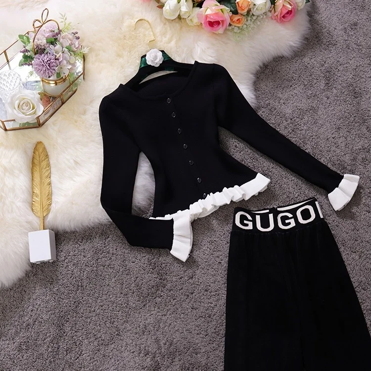 Short hit color single-breasted sweater high-waist velvet wide-leg trousers suit women 2020 winter new style ladies suits for weddings