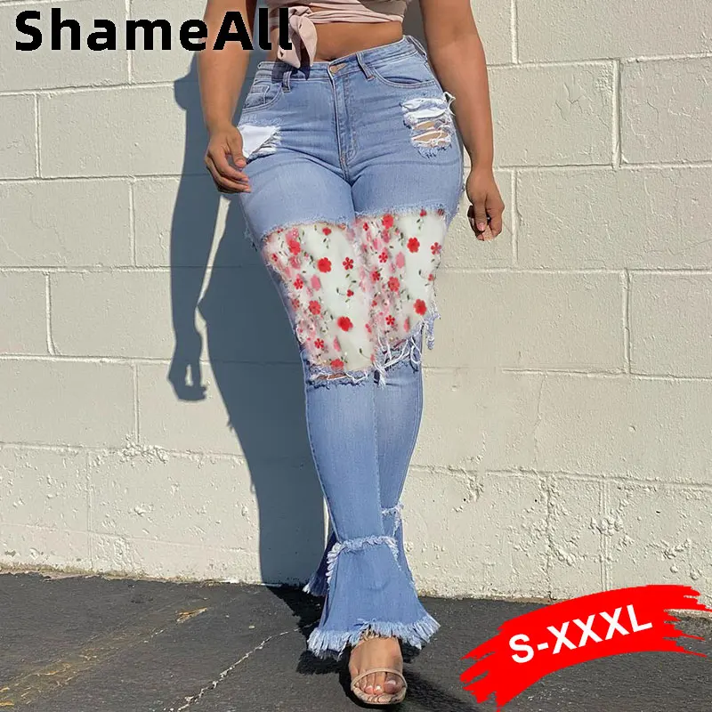 Pantalones vaqueros con flores bordadas para mujer, de malla transparente, bohemio, rasgado, elástico, - AliExpress