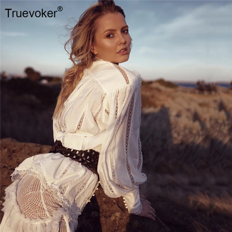

Truevoker Autumn Designer Holiday Runway Cotton Top Women's Long Sleeves Embroidery Crochet Hollow Out White Resort Blouses
