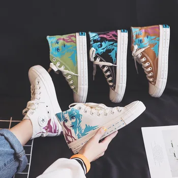 

SWONCO Graffiti Canvas Vulcanize Shoes Women White Sneakers High Top 2020 Spring/summer Causal Shoes Female Student White Shoes