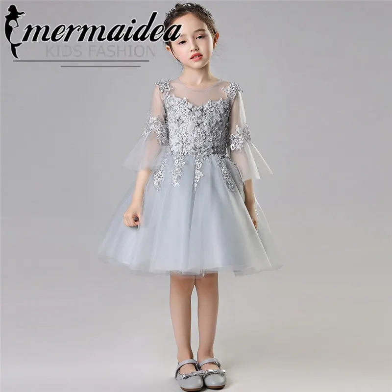 gray short dress Роскошное кружевное платье с вышивкой и бисером для маленьких детей от 3 до 14 лет, платье для свадьбы, дня рождения, выпускного вечера детское Сетчатое платье-пачка в подарок - Цвет: gray short dress