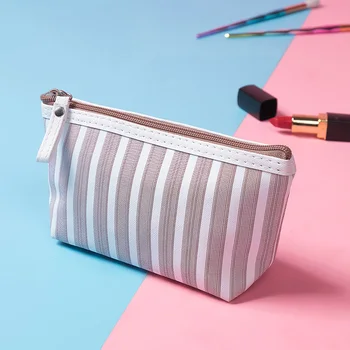

Women New Canvas Cosmetic Makeup Bags Striped Travel Toiletry Portable Pouch Bag Zipper Mini Makeup Bags Pink Blue Fashion Bag