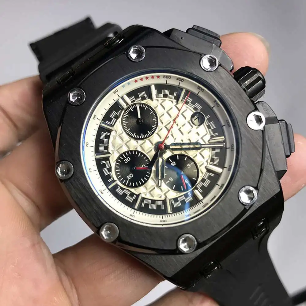 

AAA quality Mens black watch iced out quartz watches chronograph function works well royal A-p style oak wristwatches