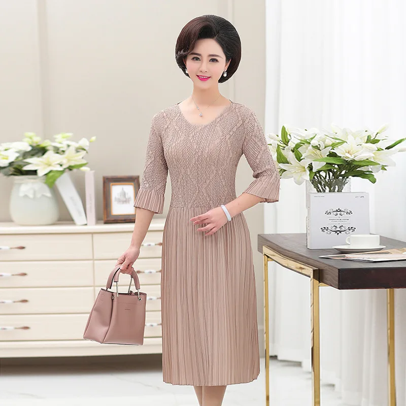 

Dress Women's 2019 Spring Summer New Style Commuting Medium Waist A- line Half-sleeve Shirt 35-49-Year-Old Long Skirts Middle-ag
