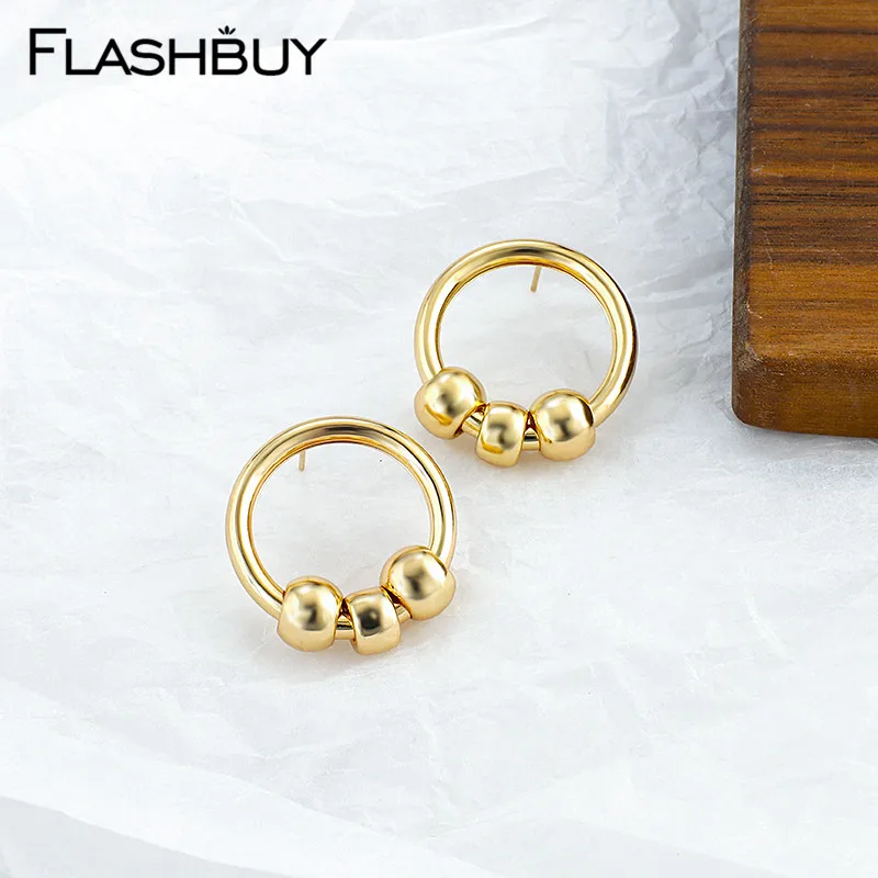 Женские винтажные серьги подвески Flashbuy золотистые из сплава с круглыми бусинами