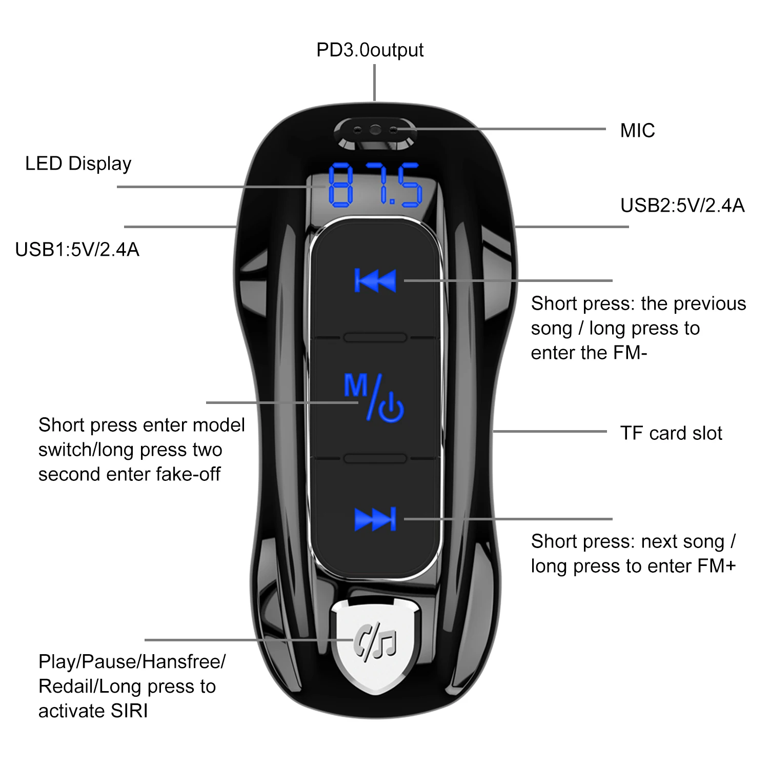 Bluetooth 5,0 автомобильный fm-передатчик PD QC 3,0 быстрое зарядное устройство Поддержка громкой связи U диск TF карта MP3 плеер Обнаружение напряжения батареи