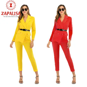 

Elegant Slim Solid Color Women 2 Piece Suit for Office Lady Design Turn-Down V Neck Long Sleeve Jacket +High Waist Trouses