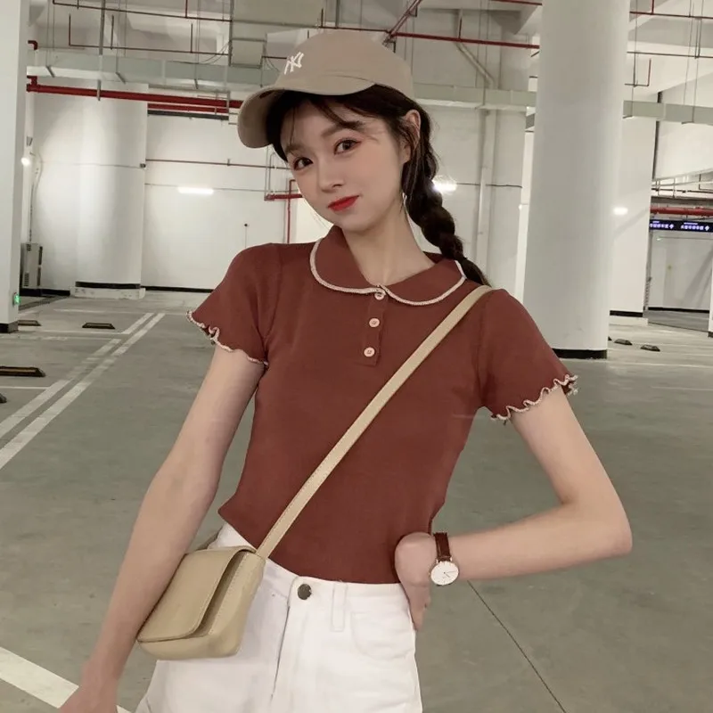 Ulzzang Футболка женская дикий Летний корейский сладкий отложной воротник вязаный узкий, с короткими рукавами футболки топы Camisetas Mujer
