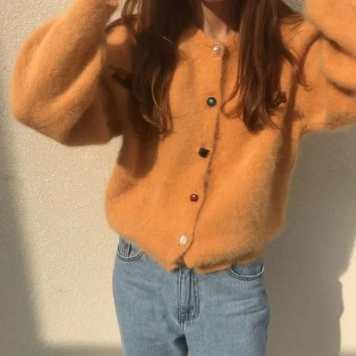 Neploe Chic Imitation Water Velet Knit Cardigan Sweater O Neck Long Sleeve Knit Single Breast Pull Femme Coat Solid Warm Sueter - Цвет: orange