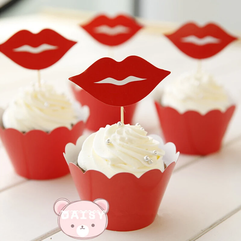 12PCS/Pack Toppers For Kids Birthday Wedding Party Cake Decoration And Paper Red Lip Cupcake Wrappers Cup Cake Paper Wrapper