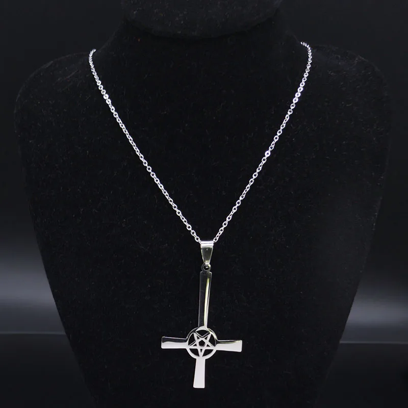 Inverted Cross Occult Pentagram Stainless Steel Chain Necklace Women Satanic Gothic Satan Necklace Jewelry colgante N642S03