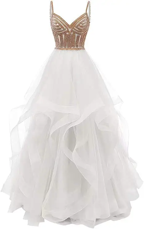 Белый Vkbridal цвета шампанского золото Многоуровневое Тюлевое вечернее платье Длинные бальные платья кристаллы на шнуровке длинное формальное выпускное платье ремни - Цвет: Белый