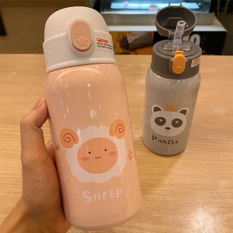 500ml Kids Thermos Mug With Straw Stainless Steel Cartoon Vacuum Flasks