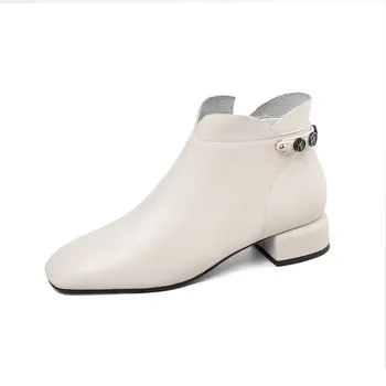 

Women ankle boots genuine leather Metal decoration low heels ladies boots Autumn Winter Chelsea Boots Party Office Shoes Woman