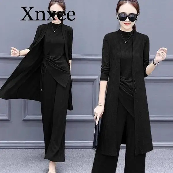 Knitted 3 Pieces Set Women Tracksuit Long Sleeve Cardigan Pullover Tops  Wide Leg Pants Suit Women's Sets Brown Office Elegant