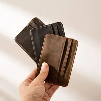 

Handmade Retro Mini Coin Purse Small Card Holder Japanese Ultra-thin ID Card Holder Head Layer Cowhide Crazy Horse Leather Solid
