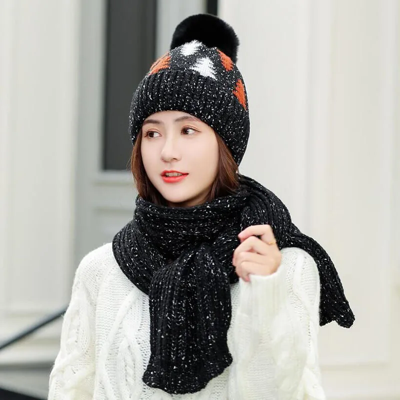 Hat scarf black Женская зимняя теплая шапка и шарф, наборы, модная женская шапка, шарф, набор, однотонный помпон, шапка и шарф, набор для женщин, вязаные шапочки - Цвет: Hat scarf black