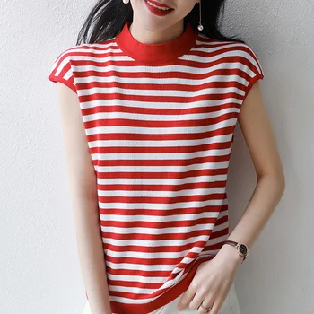 

Women's turtleneck striped T-shirt knitted short sleeve 2020 red