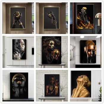 

Gold Black Woman Canvas Painting African Art Woman Posters Modern Paintings for Living Room Wall Pictures Home Decoration Cuadro
