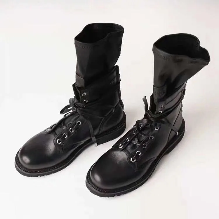 Botas Mujer; осенние носки Армейские сапоги Для женщин кожаный бурдюк Feminina дамские туфли на плоской подошве до середины икры; женские сапоги; Botines Mujer с волнообразным краем; Zapatos De Mujer