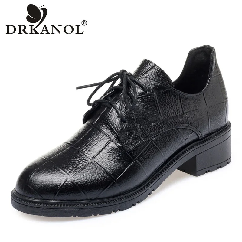 

DRKANOL 2023 British Style Spring Women Shoes Genuine Leather Thick Heel Pumps Lace-up All-match Casual Women Shoes Black H213