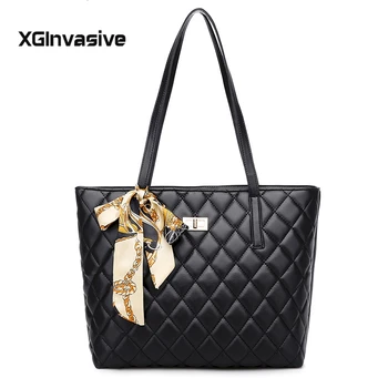 

Vintage Women PU Leather Handbag Classic Diamond Lattice Casual Tote Lady Shoulder Messenger Bag Large Capacity Ribbon Design