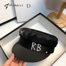 Fibonnaci White Hats For Women Spring Summer Rhinestone Alphabet Military Hat Fashion Causal Travel Satin Flat Top Cap Black
