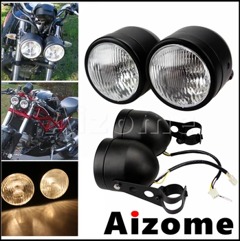 

12V H4 35W Bulb Dual Headlights Motorcycle W/Bracket Retro Dominator Twin Headlamp For Harley Bobber Cafe Racer Streetbike