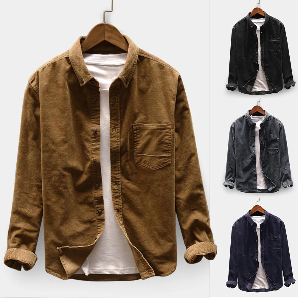 

Helisopus Corduroy Men Shirts Autumn Casual Slim Fit Shirts Turn-down Collar Solid Color Tops Fashion Single Breasted Shirt