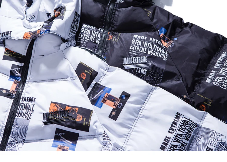 Hip Hop Hooded Jacket Parka Graphic Print Streetwear Men Windbreaker Hoodie Harajuku Winter Padded Jacket Coat Warm Outwear