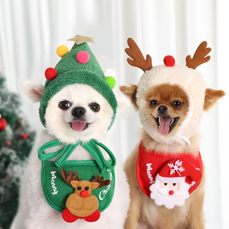 Ajustable 3D Christmas Pet Claus Hat Cap Large Outfits with 2-PCS Pet Triangle Scarf Neckerchief Bibs Costume Santa Pattern for Small Medium Large Dog Xmas Holidays OLI Dog Santa Hat and Bandana