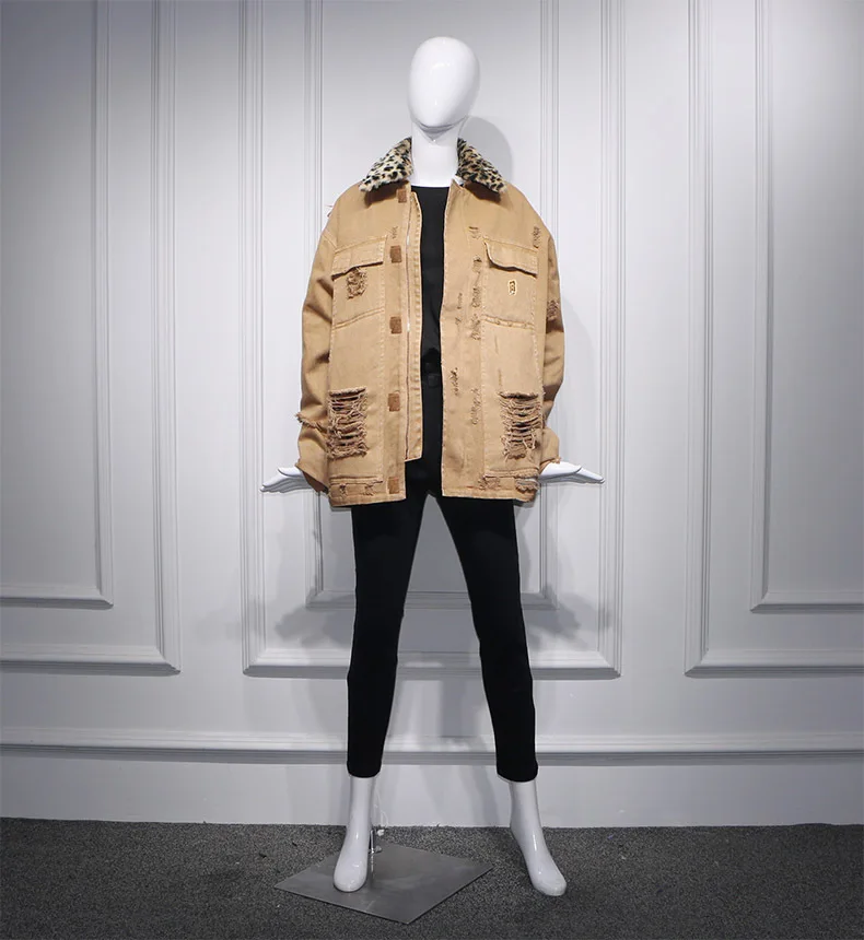 

Leopard-print Collared Cotton To Make Old Holes Loose Medium-length Denim Jacket Tide 2019 Turn-down Collar Jacket Women