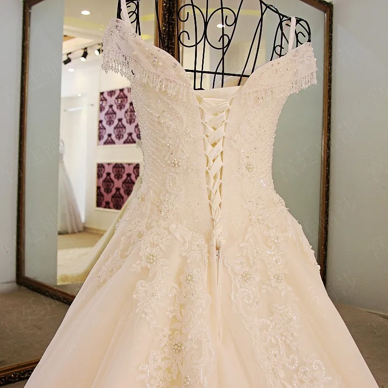 Robe Princesse Mariage ТРАПЕЦИЕВИДНОЕ роскошное свадебное платье с жемчугом, аппликацией из кристаллов, v-образным вырезом, кружевом, Свадебные платья Vestido De Noiva