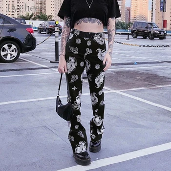 

Lychee Harajuku Dragon Print Pants Women Loose Streetwear Trousers Punk High Waist Straight Trousers Summer Casual Ladies Pants