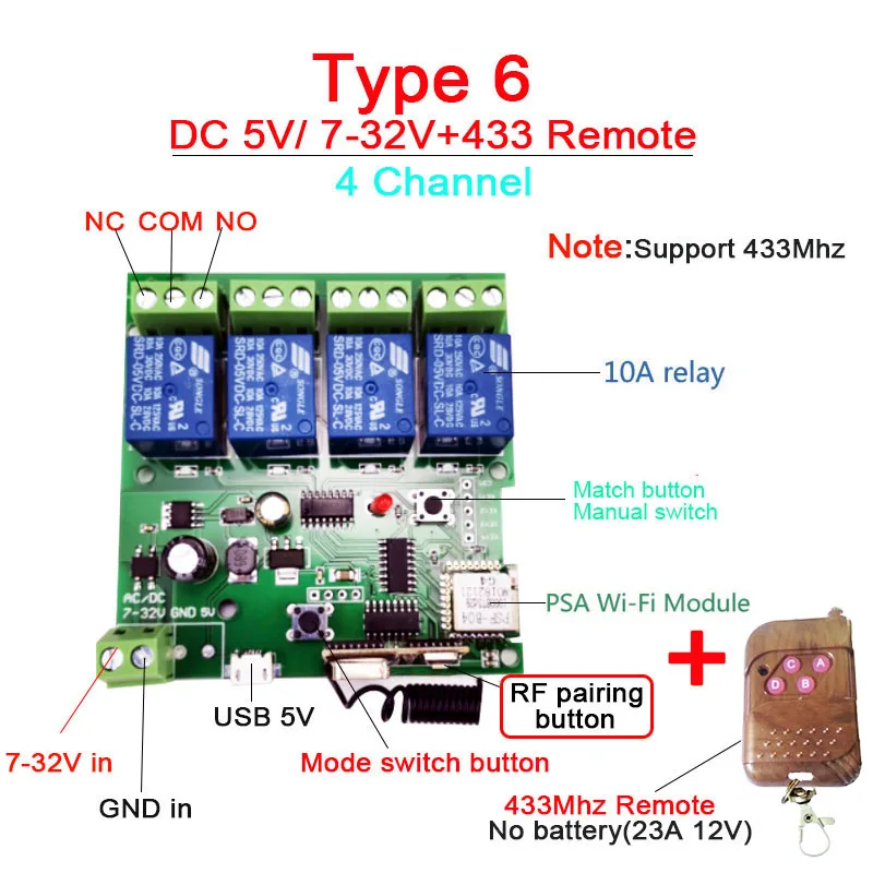 4CH DC5V7-32V-Remote EWeLink умный пульт дистанционного управления Wifi беспроводной модуль переключателя 1CH/4CH DC5V 12 в 32 В AC220V инчинг самоблокирующийся RF приемник 10A реле - Цвет: 4CH DC5V7-32V-Remote