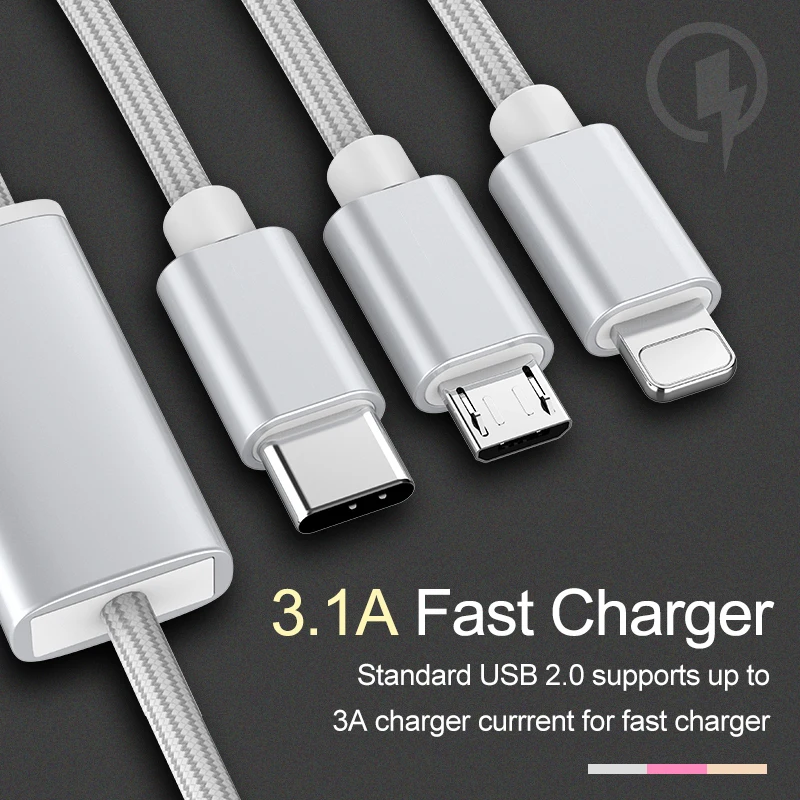 3 в 1, кабель usb type-C для мобильного телефона, кабель Micro USB для iPhone, iPad, зарядный кабель samsung, USB C для iOS 12, 11, 10, 9