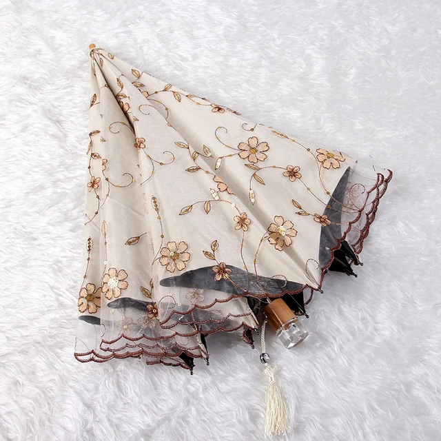 Csipke Virág Összecsukható Esernyők Uv Protection Sun Rain Esernyő Hímző Rózsaszín Virágnyomtatás Zseb Hercegnő - Image 5