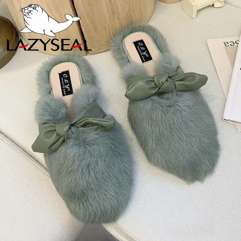 LazySeal/Теплые Зимние Повседневные тапочки с натуральным животным мехом; женская обувь; женские шлепанцы; меховые пушистые тапочки; женская теплая обувь - Цвет: Green Bow