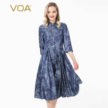 

VOA 23 Mimi silk indigo leopard pattern dyed jacquard stand collar pearl five-point sleeve pleated big swing dress A29