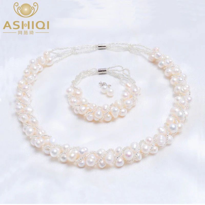 ASHIQI Real Natural Freshwater Pearl Handmade Jewelry Sets & More Necklace Bracelet 925 Silver Earrings for Women Wedding Gift
