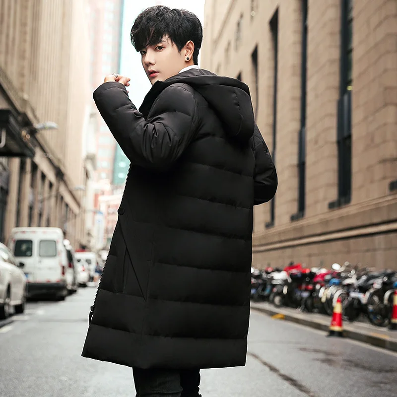 

Winter Popular White Duck down Solid Color MEN'S down Jacket Fashion Hooded Men Casual Warm Coat Mid-length Men's