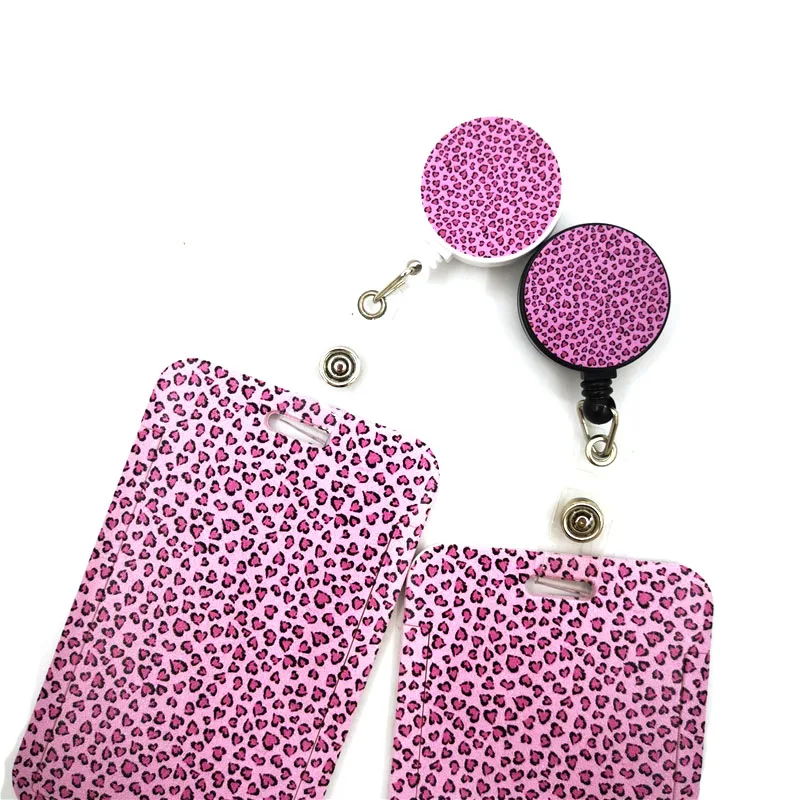 Pink Leopard Print Lanyard Credit Card ID Holder Bag Student Women Travel Card Cover Badge Car Keychain Decorations