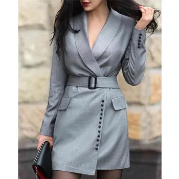 

Women Turn Down Collar Long Sleeve Blazer Dress Notched Collar Popper Cuff Blazer Dress High Waist Pocket Dress Blazer