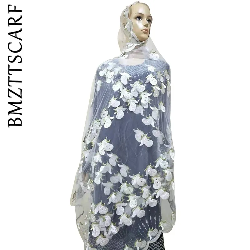African Women Scarf Good Quality Plain Embroidery with Stones Soft Net Scarf for Headscarf Wraps Pashmina BM805