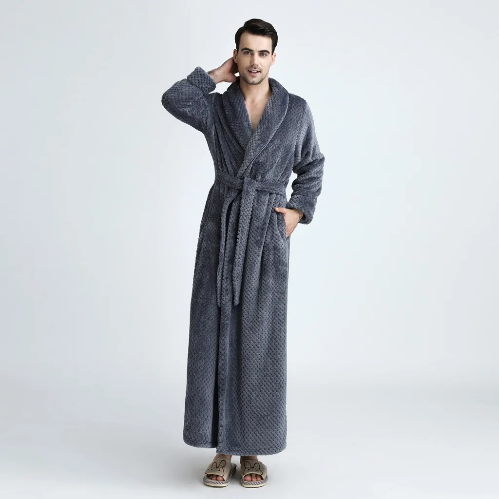 Men Gray Женское зимнее плотное теплое Коралловое кимоно из рунной шерсти, халат, халат, платье для влюбленных, юката, ночное белье, пижама, одежда для сна размера плюс - Цвет: Men Gray