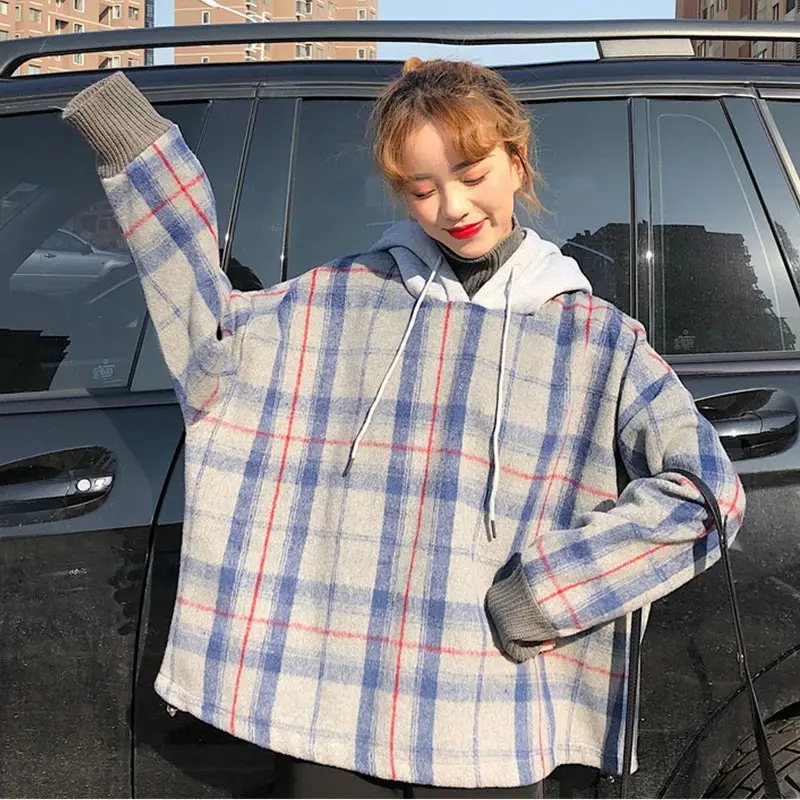 Grey blue plaid Бархатные женские толстовки с клетчатым узором, Толстовка на шнурке, из кусков, утолщенная Женская толстовка с капюшоном, пуловер, весна, повседневное женское пальто - Цвет: Grey blue plaid