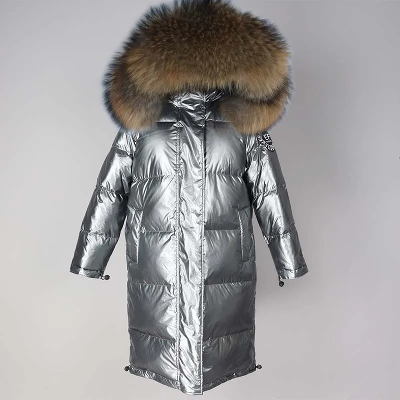 big collar 18-22 Женский зимний пуховик Шикарный Большой натуральный мех теплый ультра светильник длинное пальто Женская парка с капюшоном блестящие куртки большого размера - Цвет: big collar 18-22