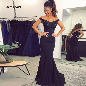 

SATONOAKI Off The Shoulder Satin Mermaid Long Prom Dresses Lace Applique Beaded Sweep Train Formal Party Evening Gown