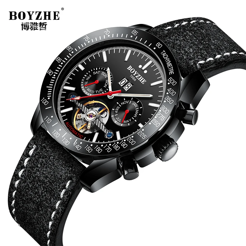 BOYZHE Мужские автоматические механические часы лучший бренд класса люкс Tourbillon часы мужские спортивные календарь Модные Военные horloges mannen