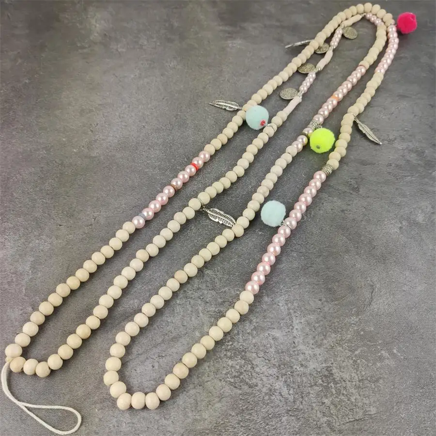 

New Handmade Pink Immitation Pearl beads long chain Pompom Mobile Chain charm Bohemia necklace for phone hanger Jewelry